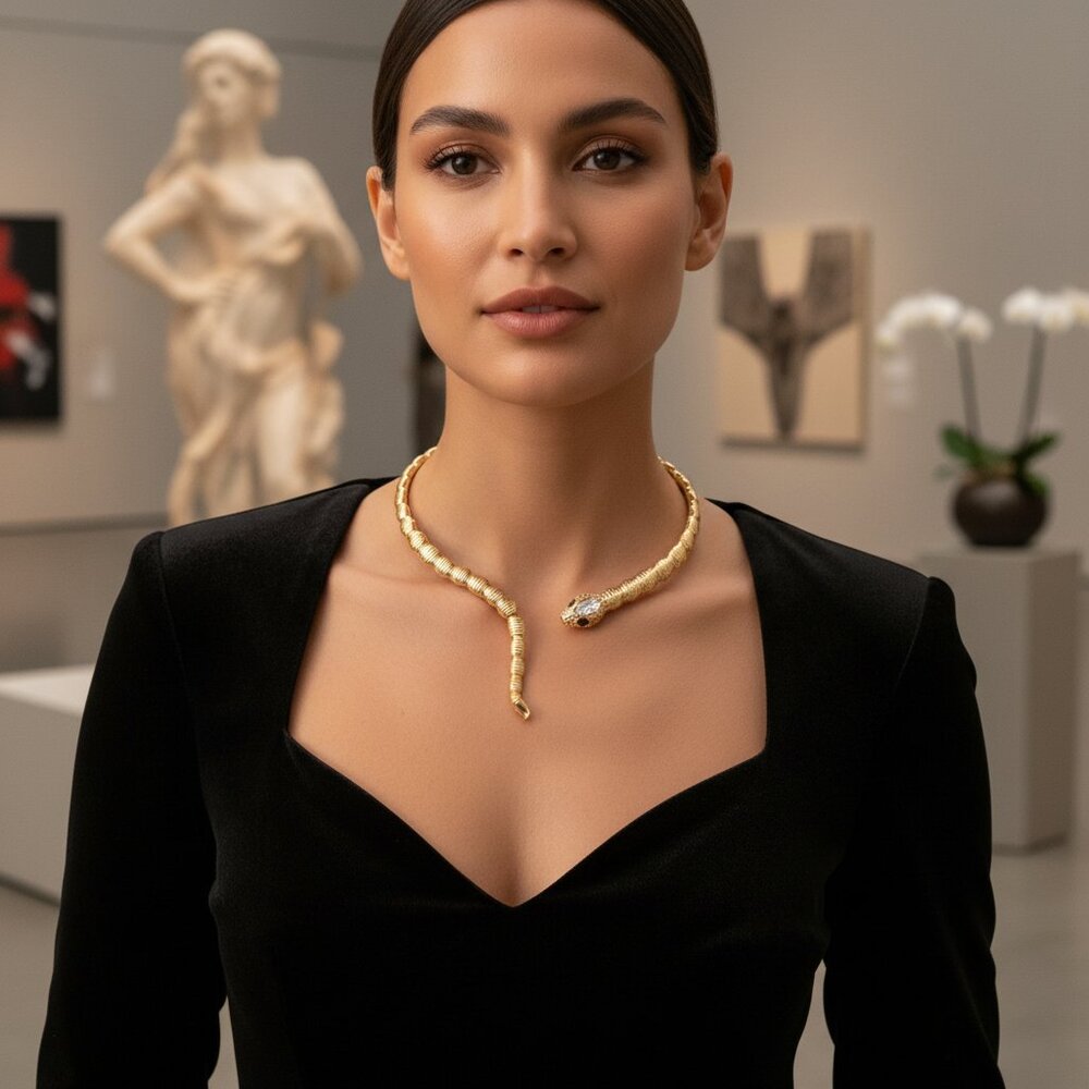 NEW Women Gold Metal Wrap Around Snake Choker Elegance Short Necklace + Earrings